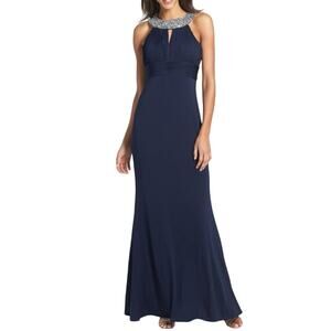 JS Boutique Halter Gown Maxi Dress Beaded Collar Keyhole Mermaid Hem Navy Blue 6